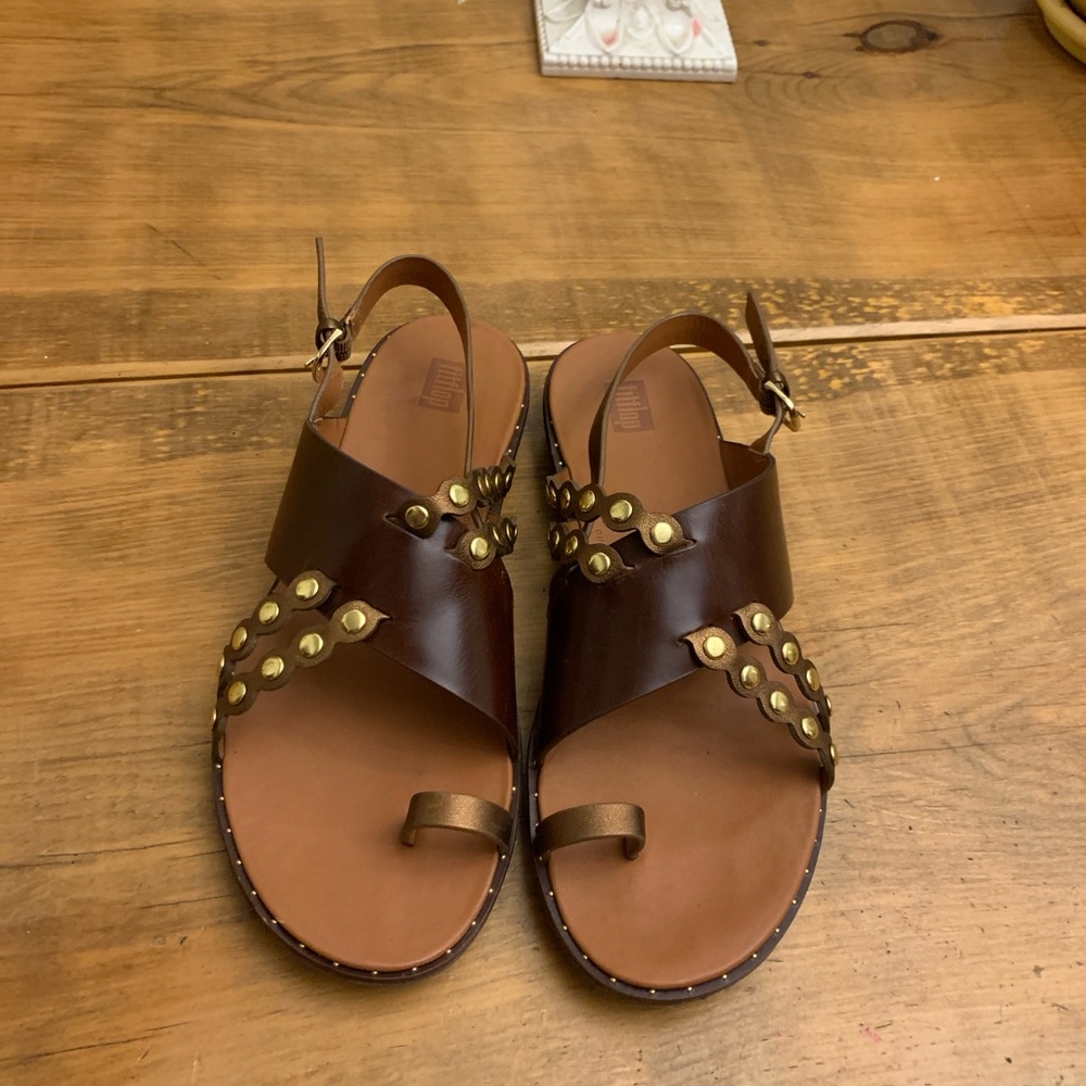 Fitflop Brown and Gold Leather Studded Sandals 10